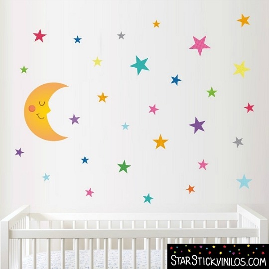 Decoración para bebés - Vinilo de pared luna con estrellitas